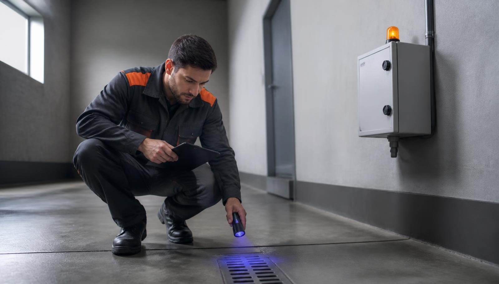 Diagnóstico técnico de ponto crítico em ralo e rodapé de área industrial, com registro em prancheta digital