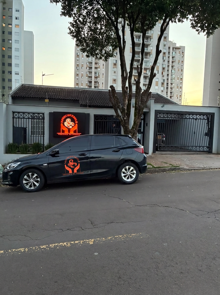 Sede da NouScontrole em Londrina, com fachada e letreiro luminoso da empresa ao final do dia