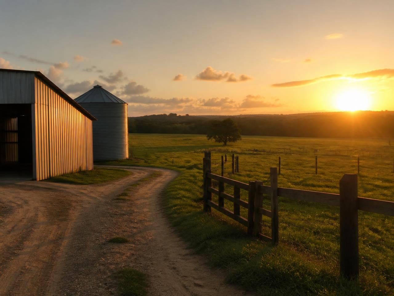 Propriedade rural com galpão, silo e pastagem