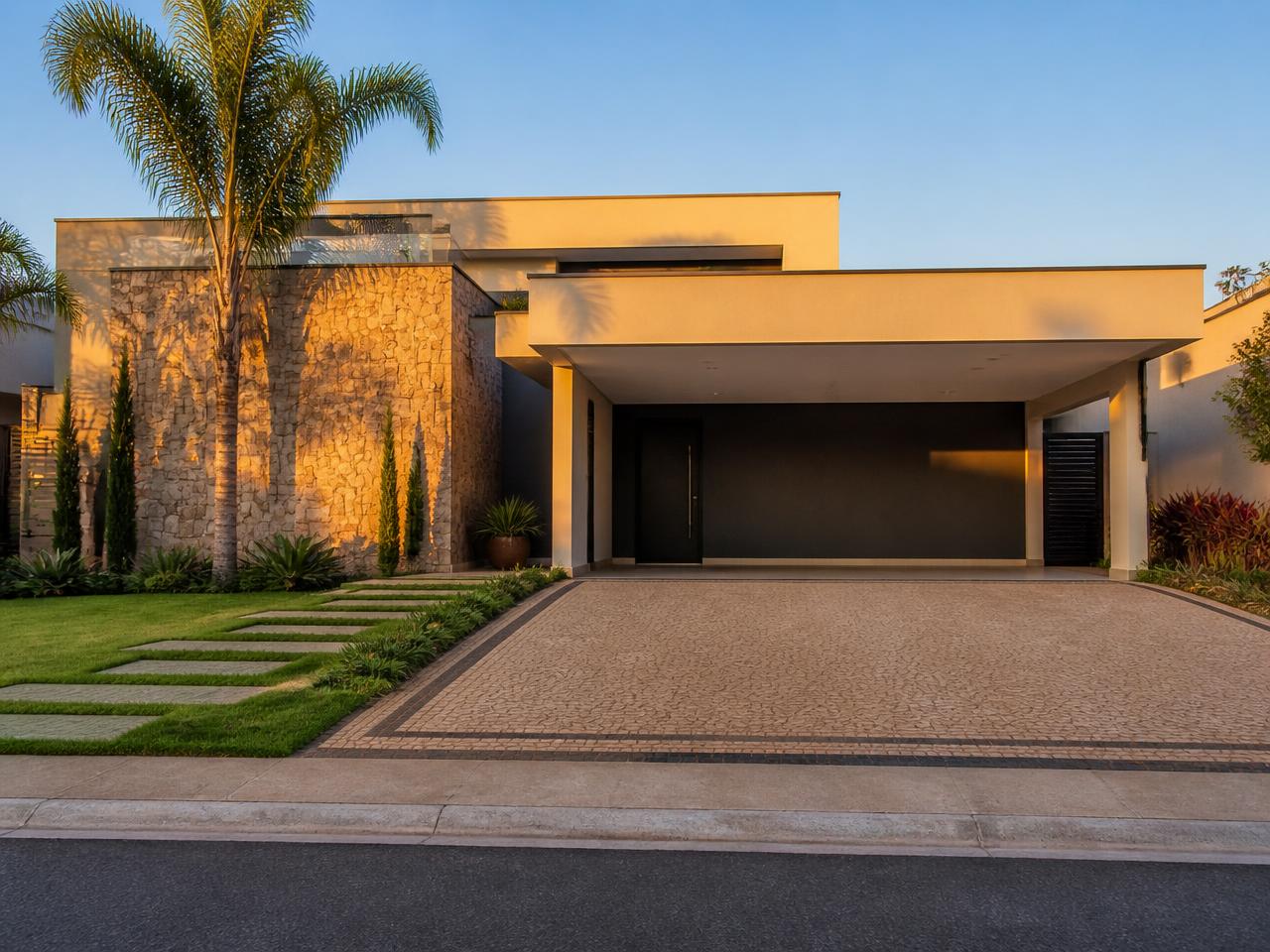 Fachada de residência com jardim e entrada de garagem